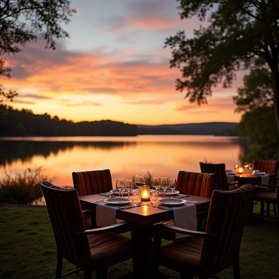 Romantic candlelit dinner by sunset lake