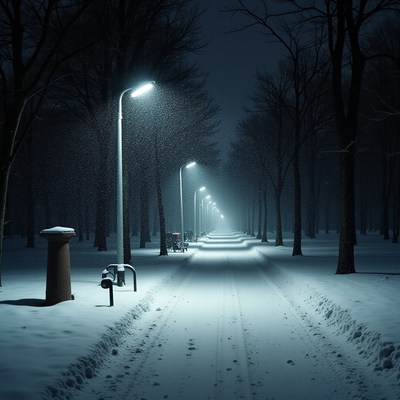 Snowy Tree-Lined Path with Streetlights