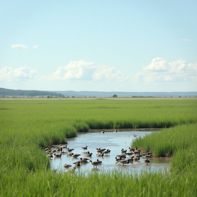 Geese flock in marsh pond