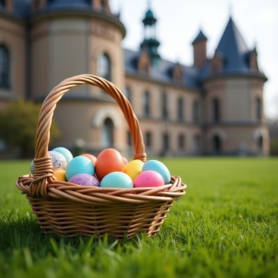 Easter Basket with Colorful Eggs on Grass