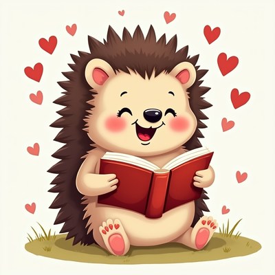 Cute hedgehog reading book with hearts