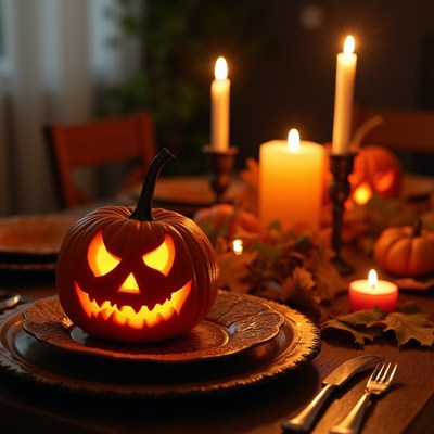 Jack-o'-lantern on Halloween dinner table