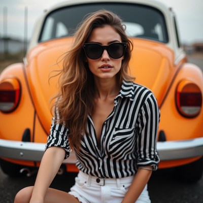 Woman posing in front of orange VW Beetle
