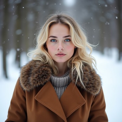 Blonde woman in fur-collared coat snow