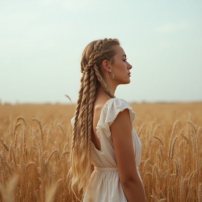 Woman with Braided Hair in Wheat Field