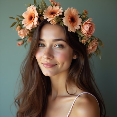 Woman wearing peach flower crown