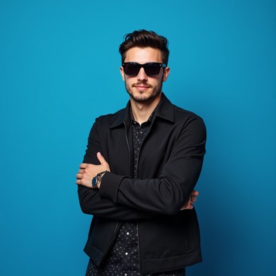 Man with sunglasses arms crossed blue background