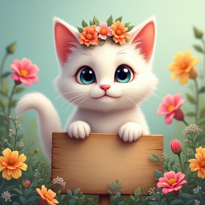 Cute white kitten holding blank sign