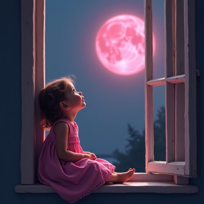 Girl gazing at pink moon through window
