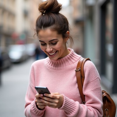 Woman smiling using phone on street