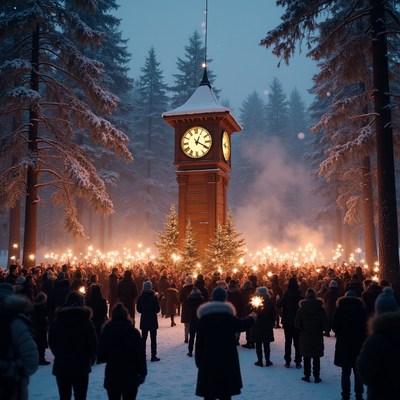 Crowd with torches around clock tower Christmas tree