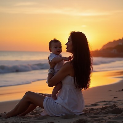 Mother holding baby on sunset beach