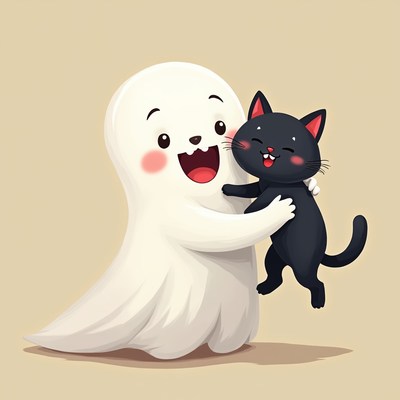 Cute ghost hugging black kitten