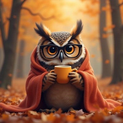 Owl with glasses holding tea in autumn forest