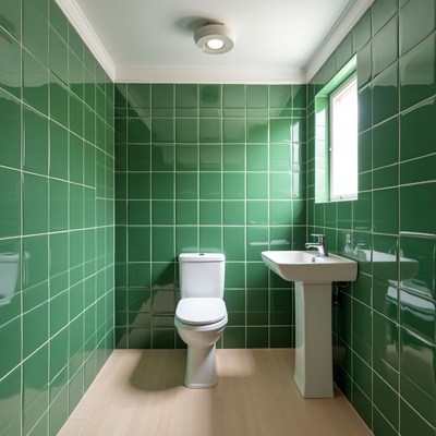 Green Tiled Bathroom with Toilet Sink