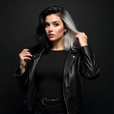 Woman with black white hair in leather jacket