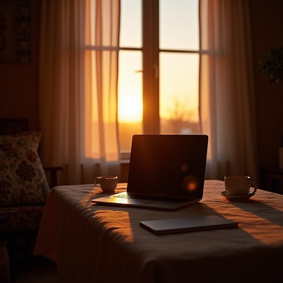 Laptop on table by sunset window