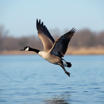 Canada Goose Flying over Lake