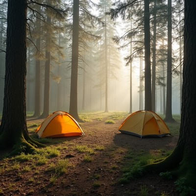 Orange tents in misty pine forest