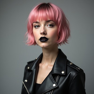 Woman with pink bob haircut and leather jacket