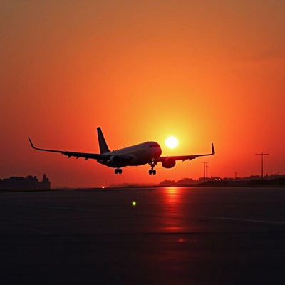 Airplane Taking Off at Sunset