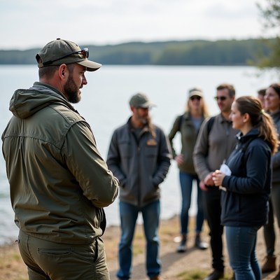 Man leading group outdoors by lake