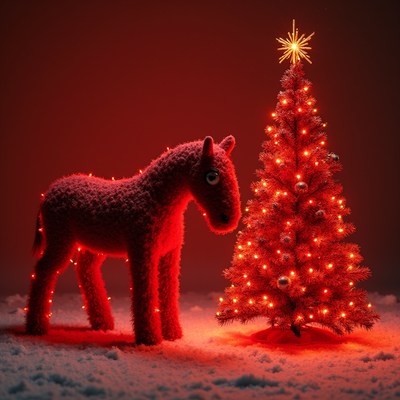 Red Knitted Horse Beside Lit Christmas Tree