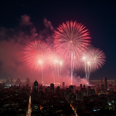 Red Fireworks Over City Skyline