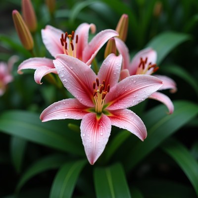 Pink Lily Flowers with Water Droplets