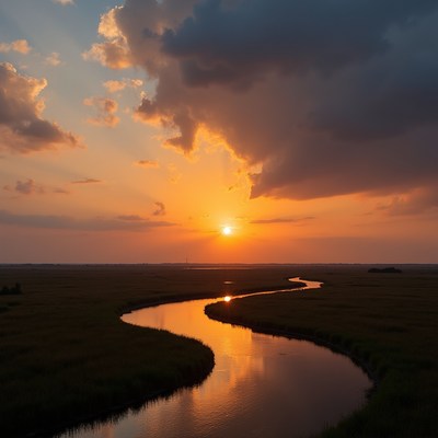 Sunset over winding river marsh