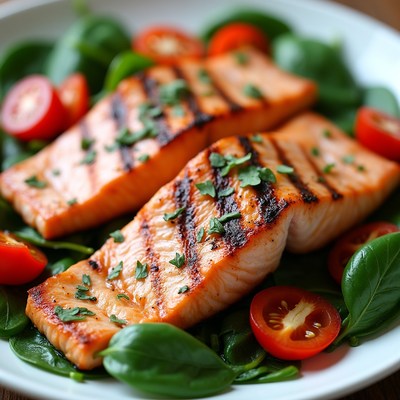 Grilled Salmon with Spinach and Tomatoes