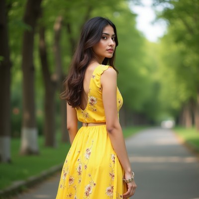 Asian woman in yellow floral dress walking park path