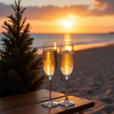 Champagne glasses at sunset beach