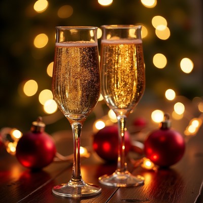 Two Champagne Glasses with Christmas Decor