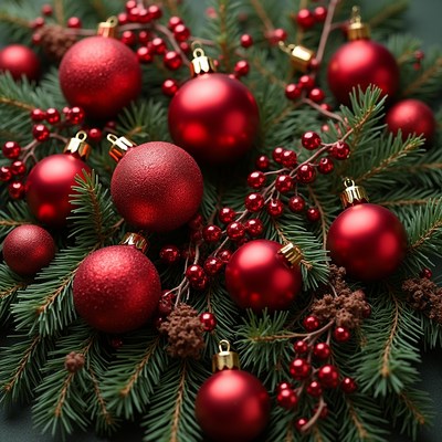 Red Christmas Baubles with Pine Branches