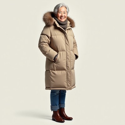 Asian elderly woman in fur hood coat