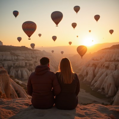 Couple watching hot air balloons Cappadocia
