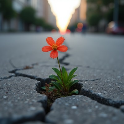Red Flower Growing in Cracked Road