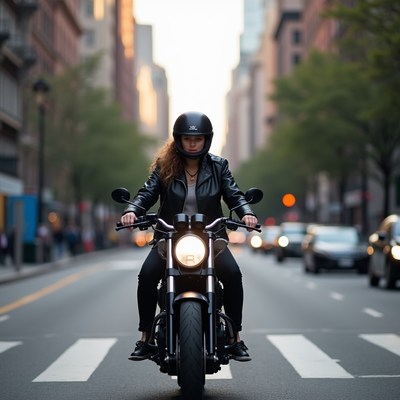 Woman riding motorcycle in city street
