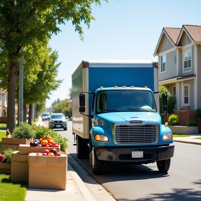 Blue Delivery Truck Parked Near Vegetable Boxes