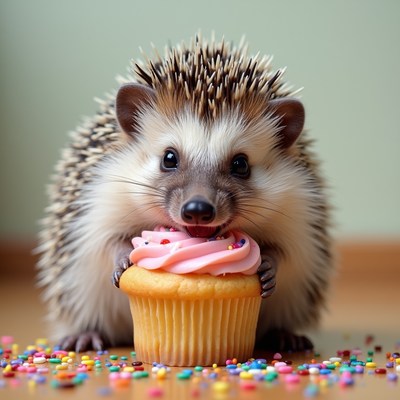 Hedgehog eating pink cupcake