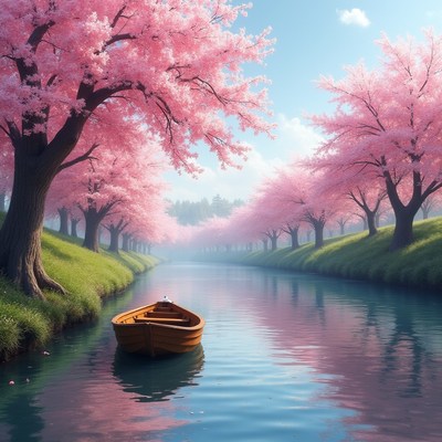 Wooden Boat in Cherry Blossom Lined Canal