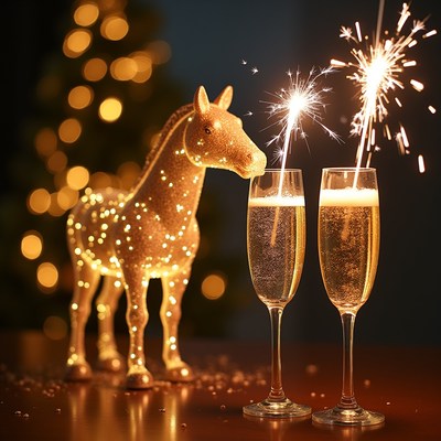 Golden Horse with Champagne Glasses