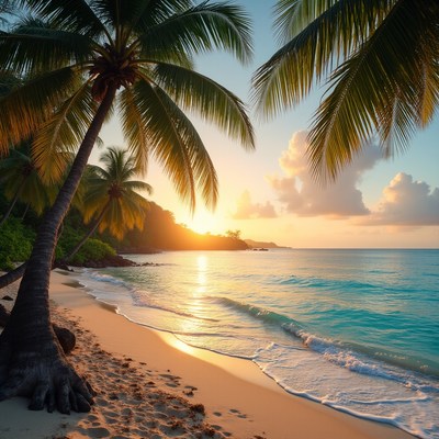 Tropical Beach Sunset with Palm Trees