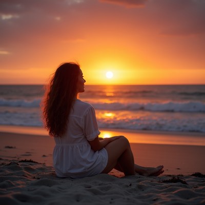 Woman sitting on beach at sunset