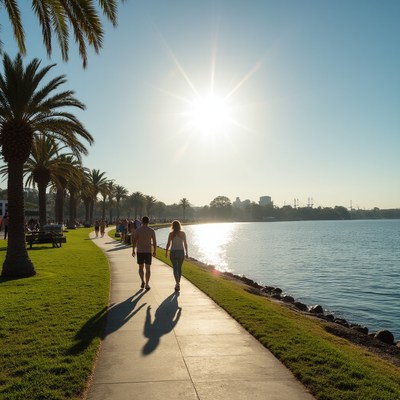 Couple walking palm-lined waterfront path