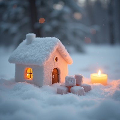 Snowy Mini House with Marshmallows and Candle
