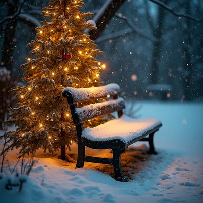 Snowy Bench by Lit Christmas Tree