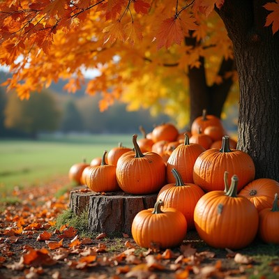 Pumpkins under autumn tree