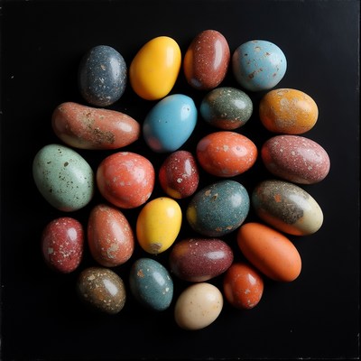 Colorful speckled Easter eggs on black